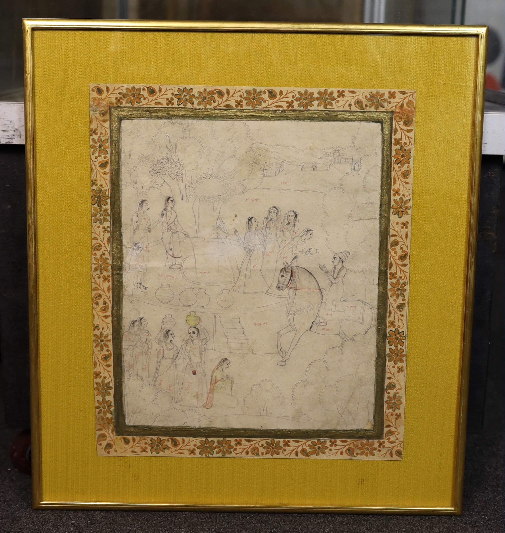 Indian School (early 19th century) , Noblemen and young women fetching water, ink and watercolour on paper, 31 x 25cm